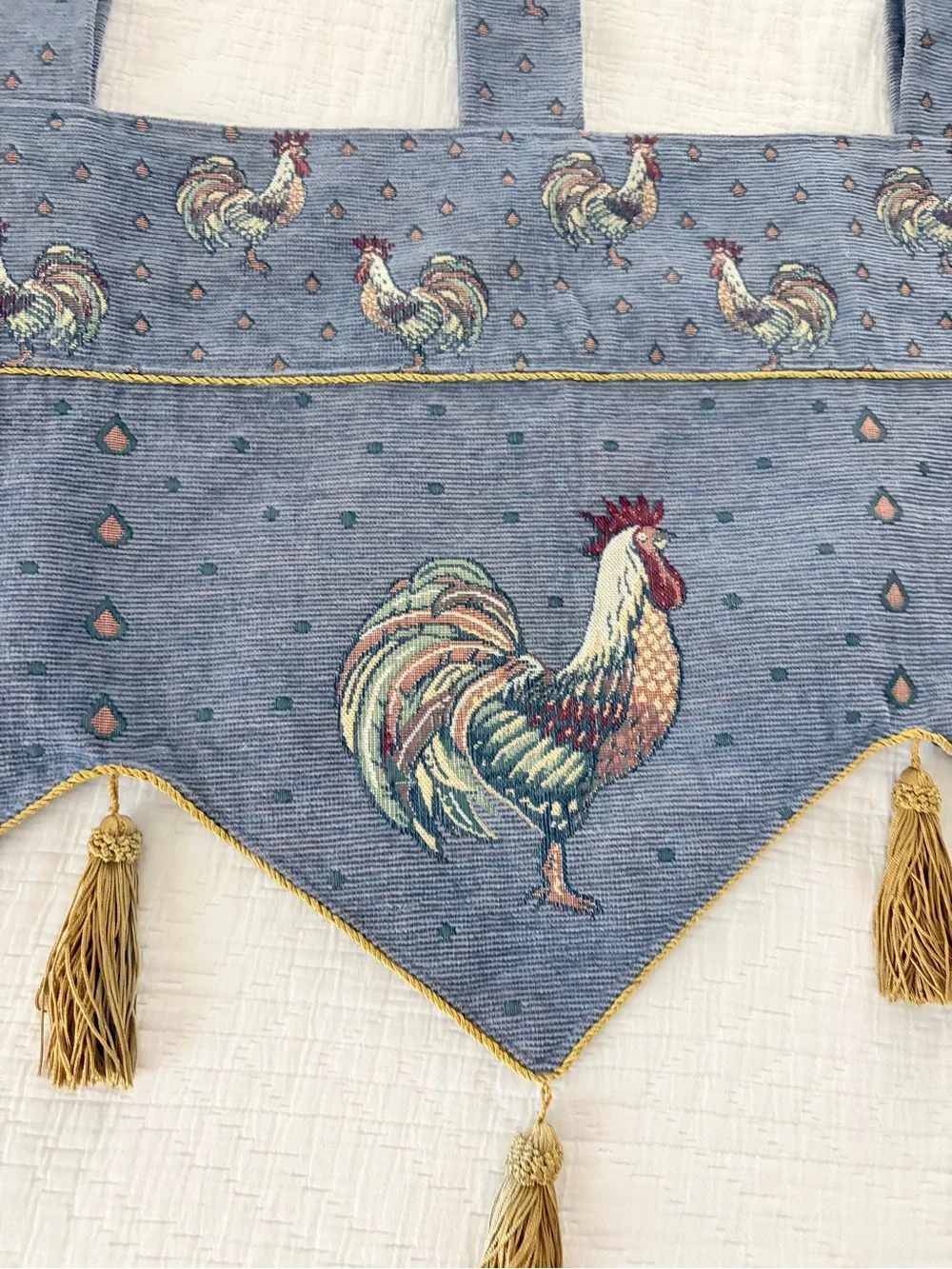 Vintage Rooster Print Window Valance in Denim Blue with Gold Tassels